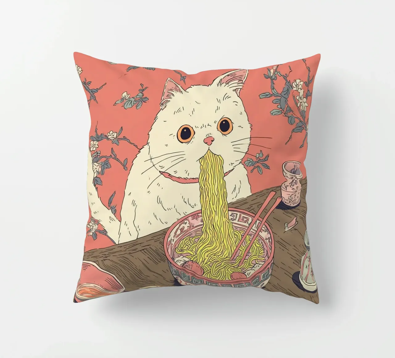 White Cat Steal Ramen Inspiration Japan Foodie and Kitchen decorative cushion by Kaji