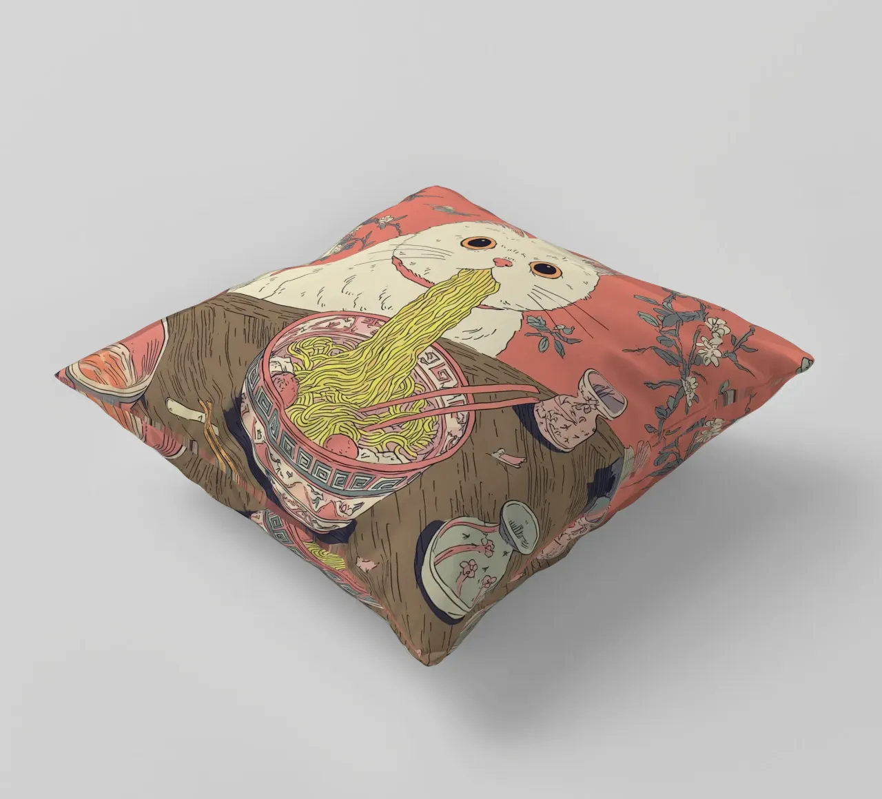 White Cat Steal Ramen Inspiration Japan Foodie and Kitchen decorative cushion by Kaji