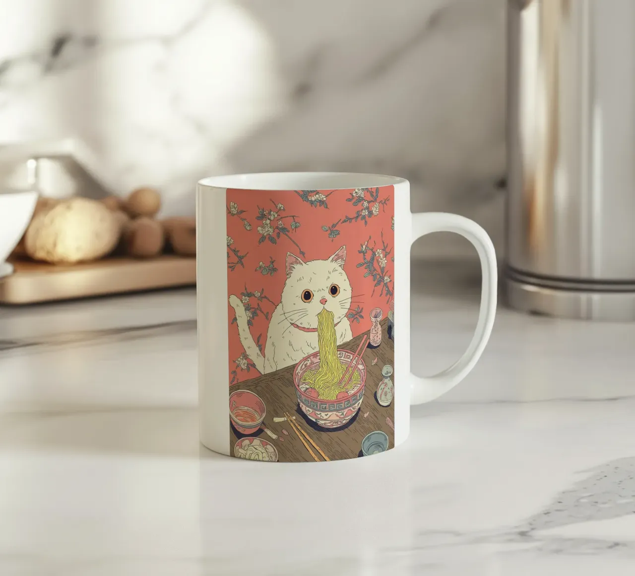Gatto bianco ruba il ramen Ispirazione Giappone Foodie e cucina tazza in ceramica da Kaji