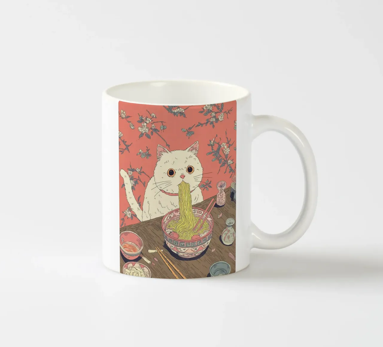 Gatto bianco ruba il ramen Ispirazione Giappone Foodie e cucina tazza in ceramica da Kaji