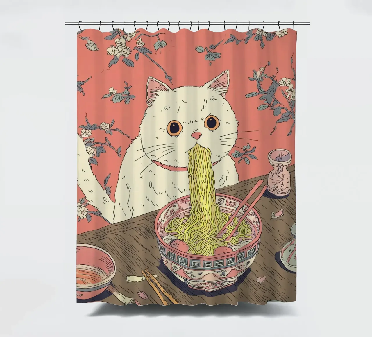 White Cat Steal Ramen Inspiration Japan Foodie and Kitchen shower curtain by Kaji