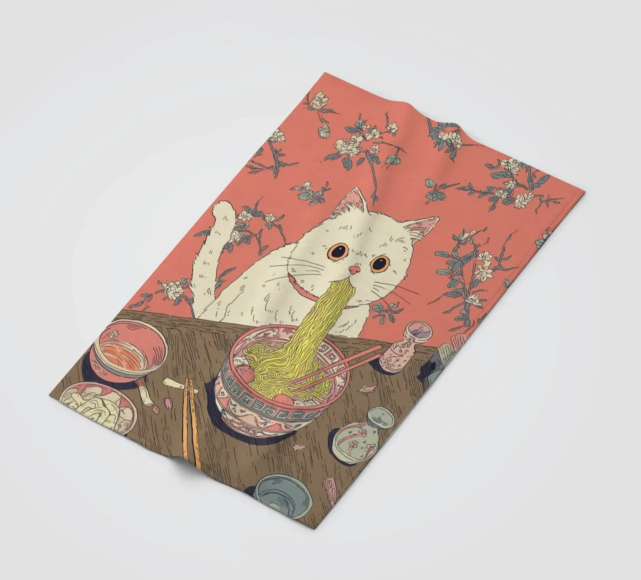 White Cat Steal Ramen Inspiration Japan Foodie and Kitchen fleece blanket by Kaji