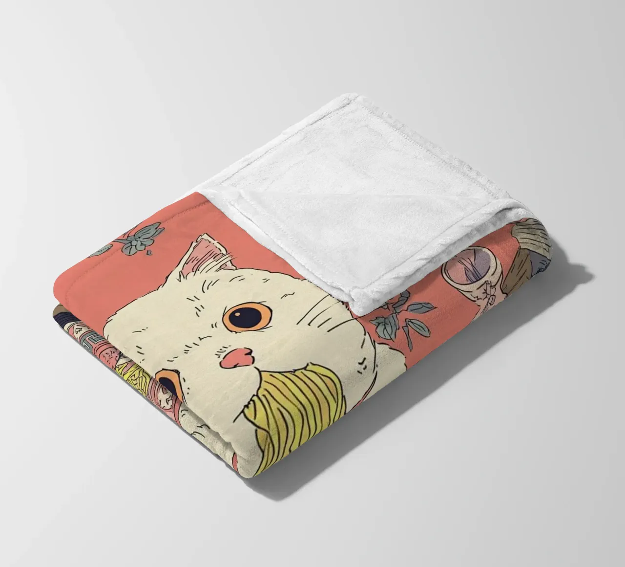 White Cat Steal Ramen Inspiration Japan Foodie and Kitchen fleece blanket by Kaji