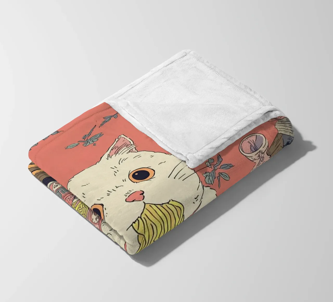 White Cat Steal Ramen Inspiration Japan Foodie and Kitchen fleece blanket by Kaji