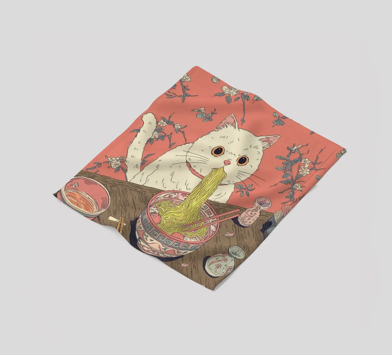White Cat Steal Ramen Inspiration Japan Foodie and Kitchen fleece blanket by Kaji