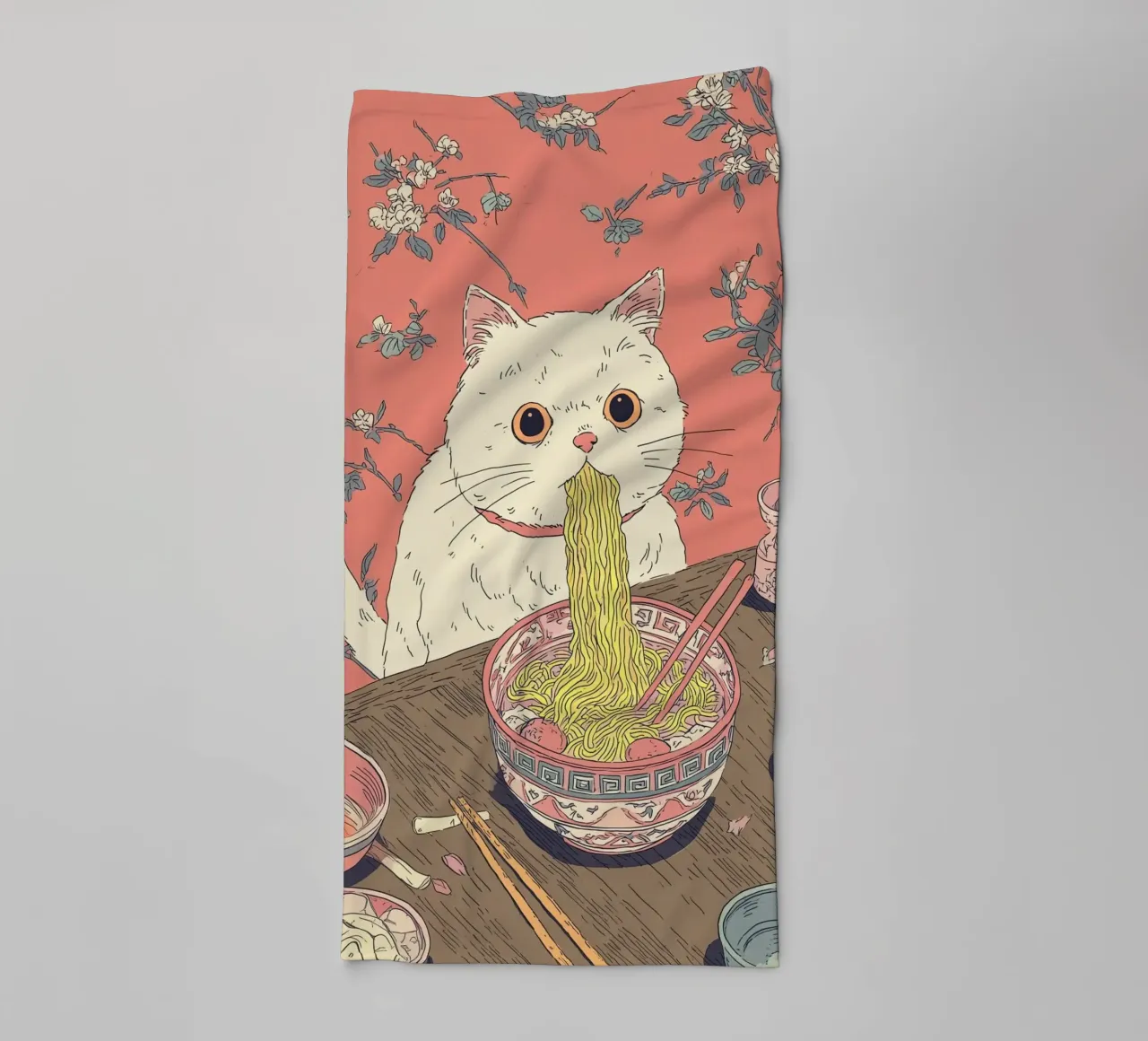 White Cat Steal Ramen Inspiration Japan Foodie and Kitchen towel by Kaji