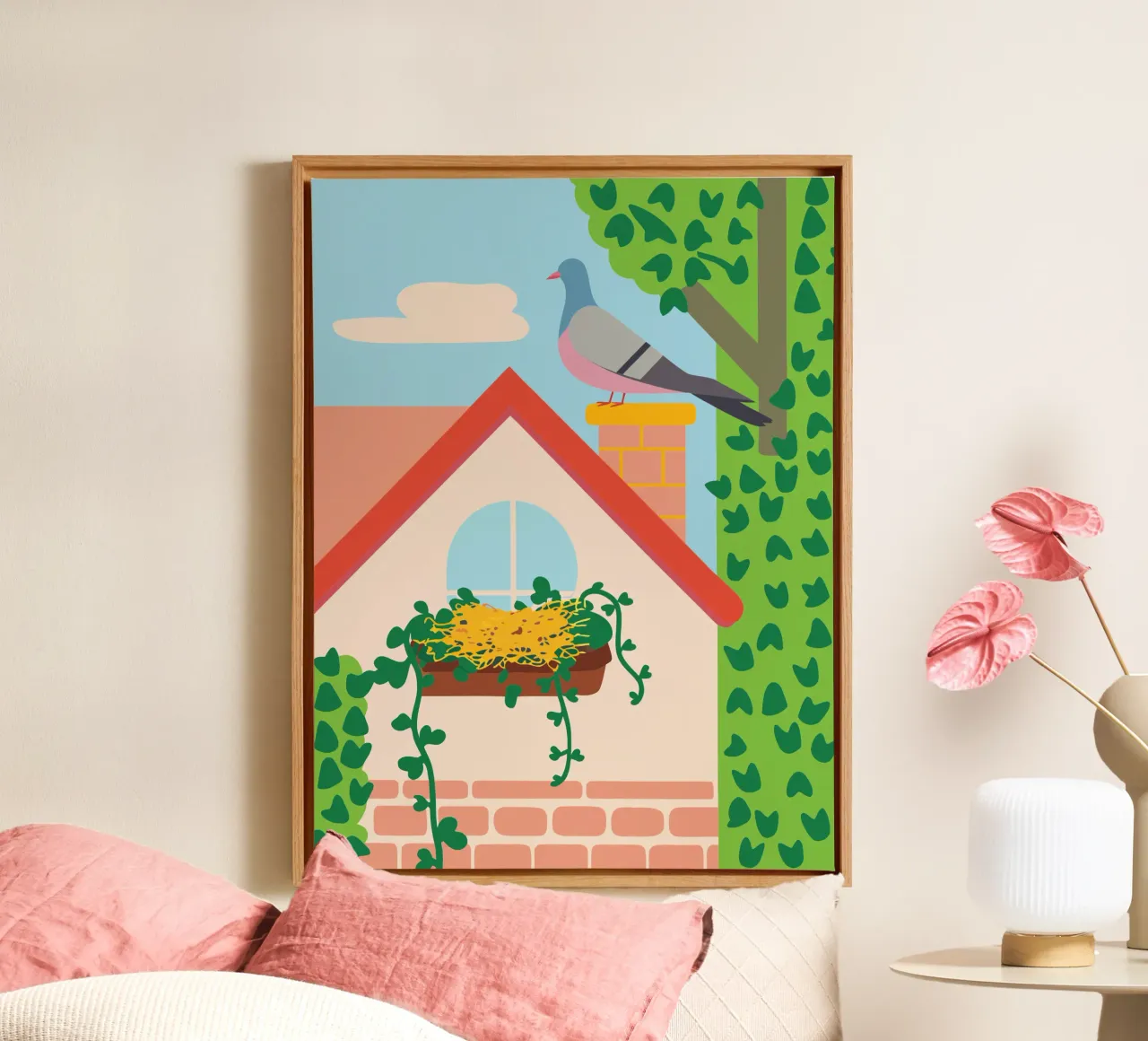 Duif op het dak canvas met Baklijst van CUTE ANIMALS