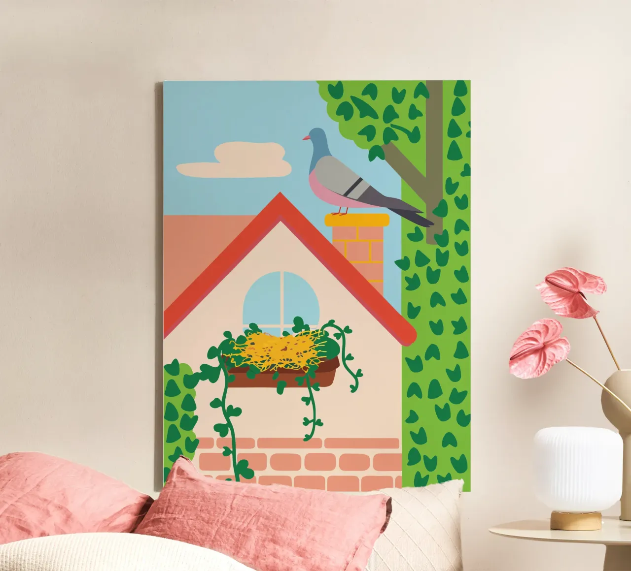 Duif op het dak canvas met Baklijst van CUTE ANIMALS