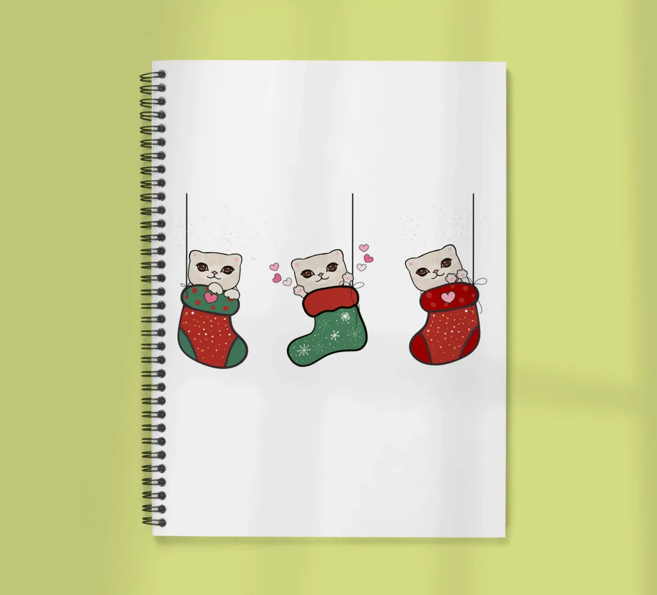 Hanging cute kittens with christmas socks spiral notebook by gulsengunel