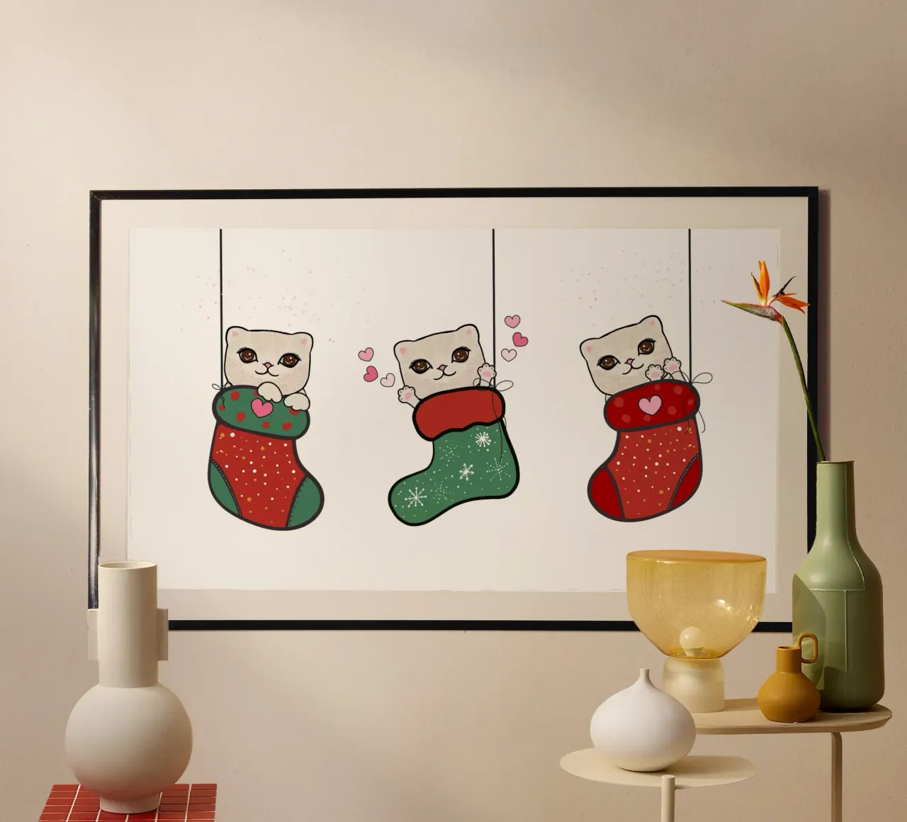 Appendere simpatici gattini con calze di Natale carta hahnemühle da gulsengunel