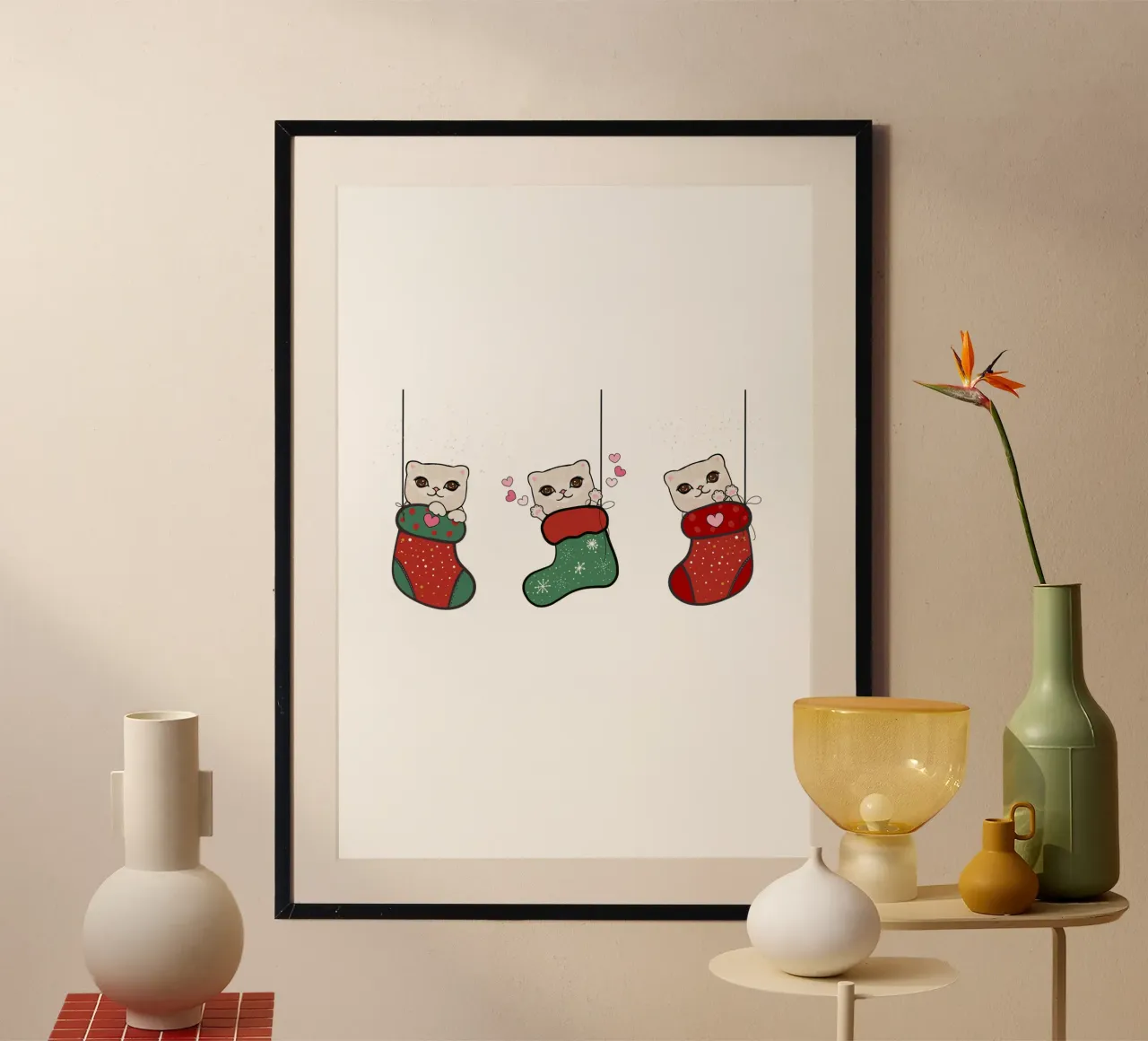 Colgando lindos gatitos con calcetines de navidad hahnemühle de gulsengunel