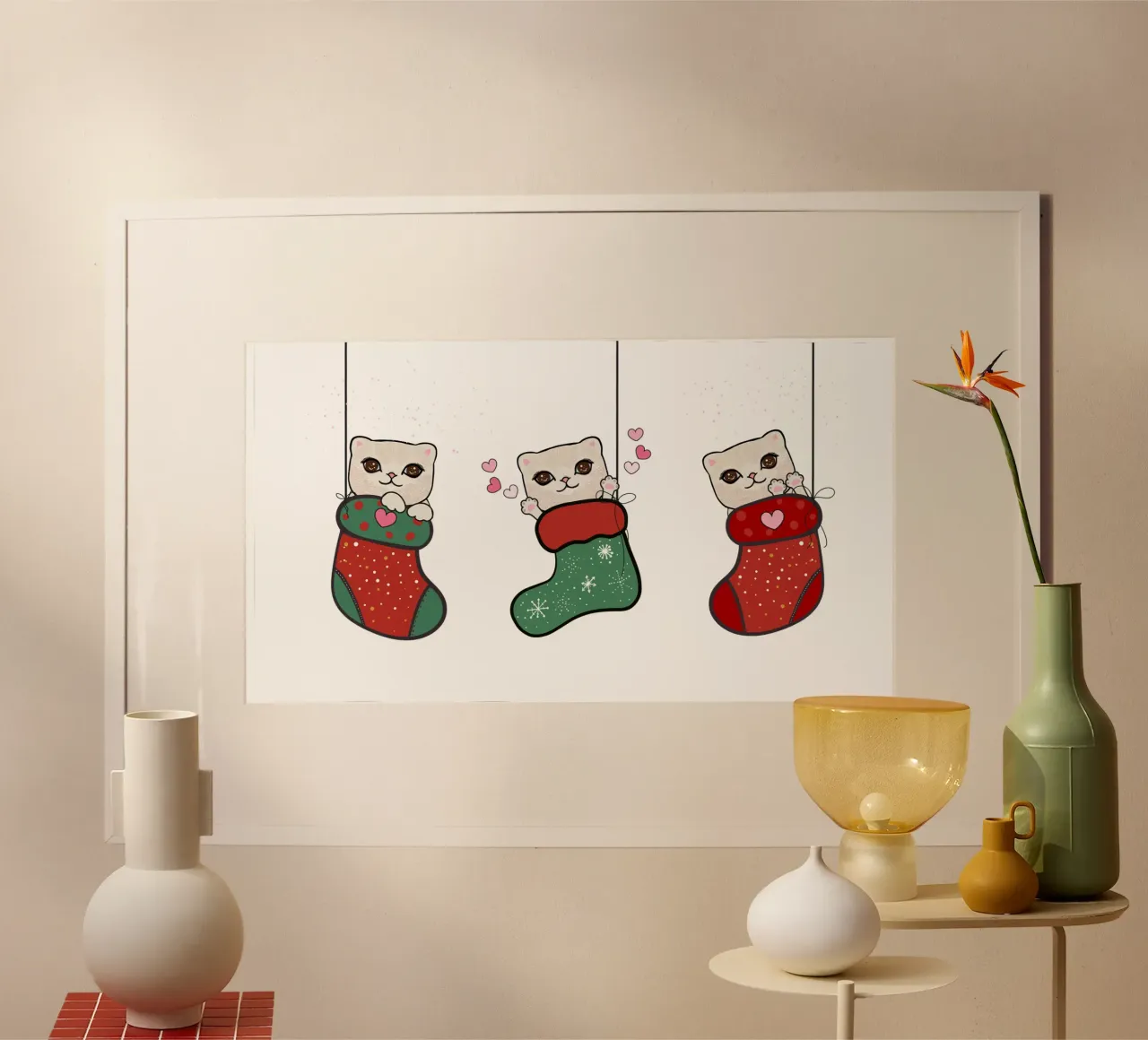 Appendere simpatici gattini con calze di Natale carta hahnemühle da gulsengunel