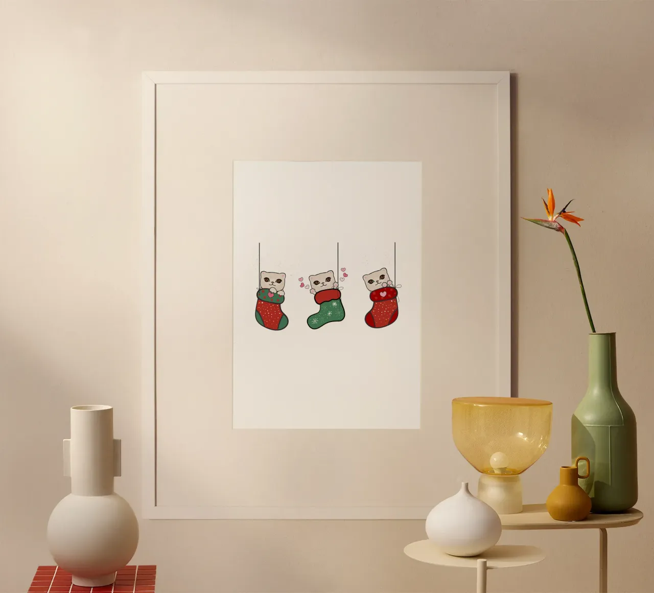 Colgando lindos gatitos con calcetines de navidad hahnemühle de gulsengunel