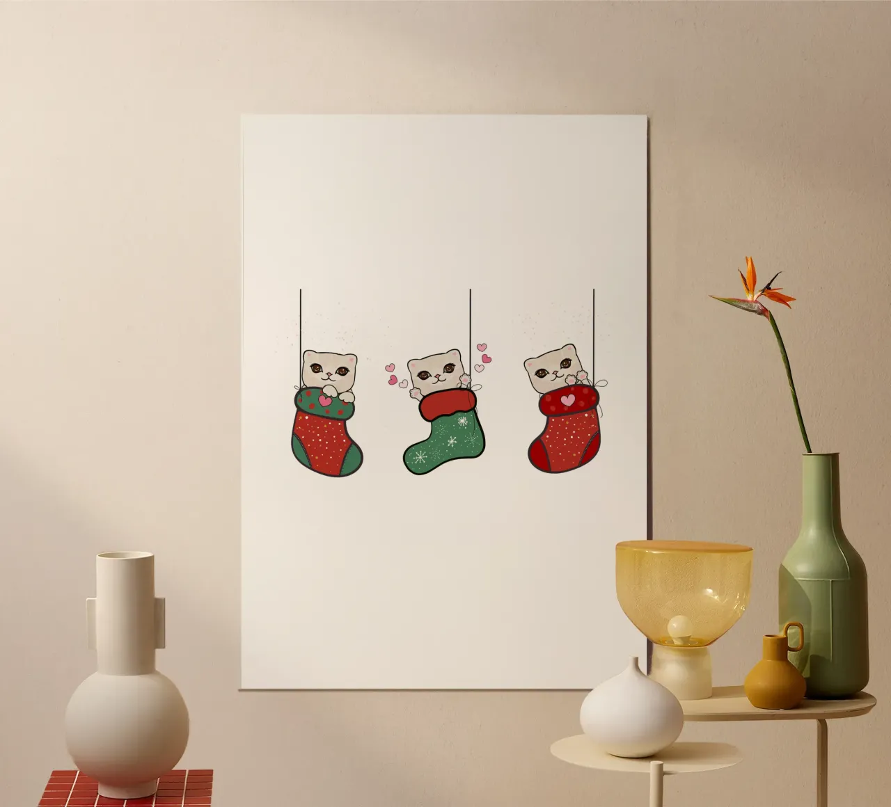 Colgando lindos gatitos con calcetines de navidad hahnemühle de gulsengunel