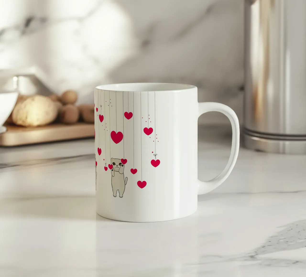 Cuori e stelle appesi con un simpatico gatto tazza in ceramica da gulsengunel
