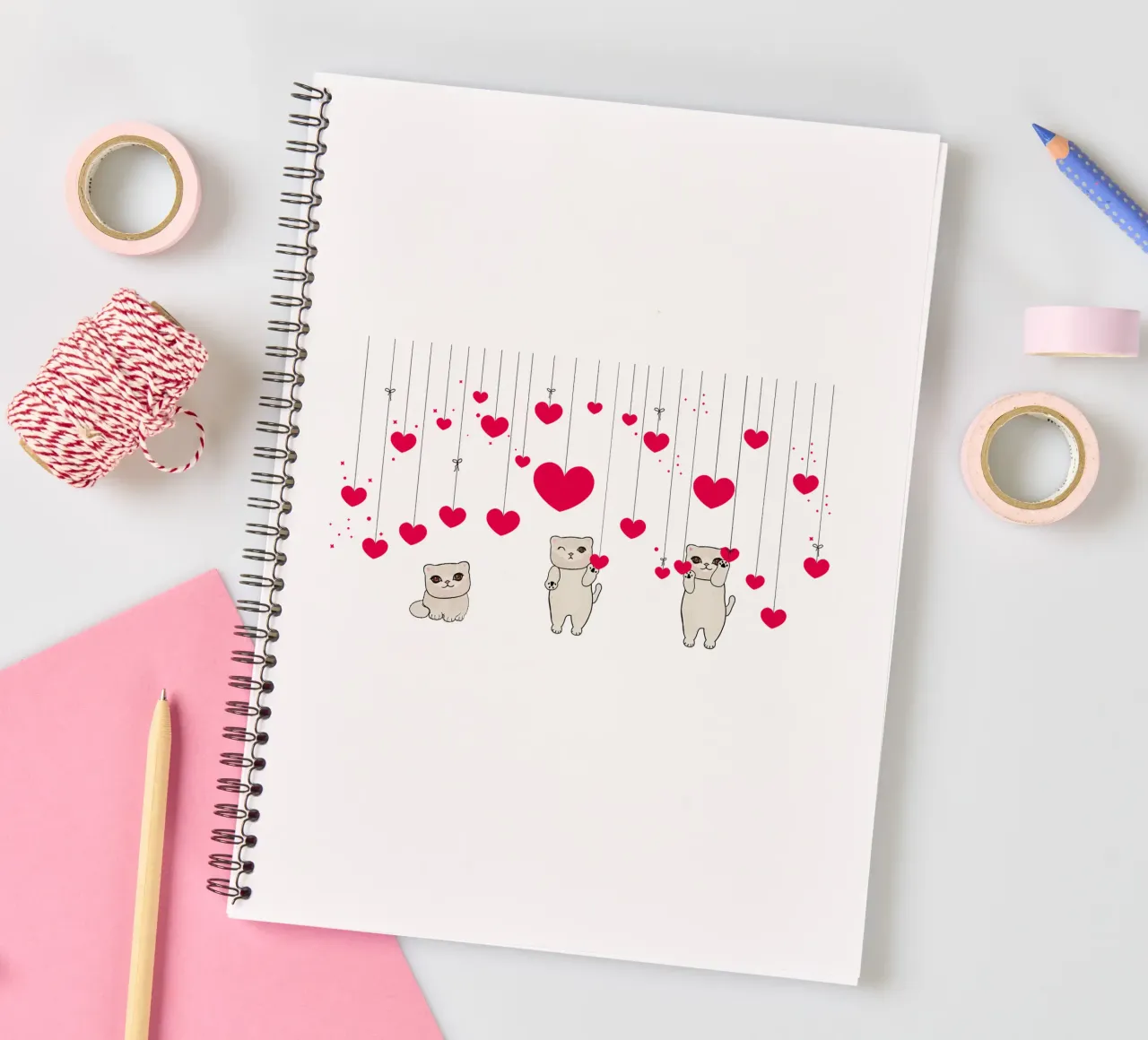 Cuori e stelle appesi con un simpatico gatto diario ad anelli da gulsengunel