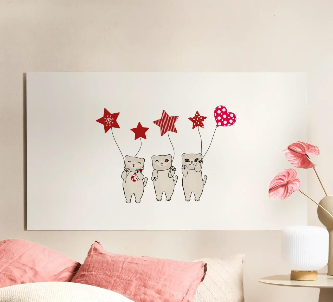 Gatti carini con palloncini a forma di cuore e stelle alluminio dibond da gulsengunel
