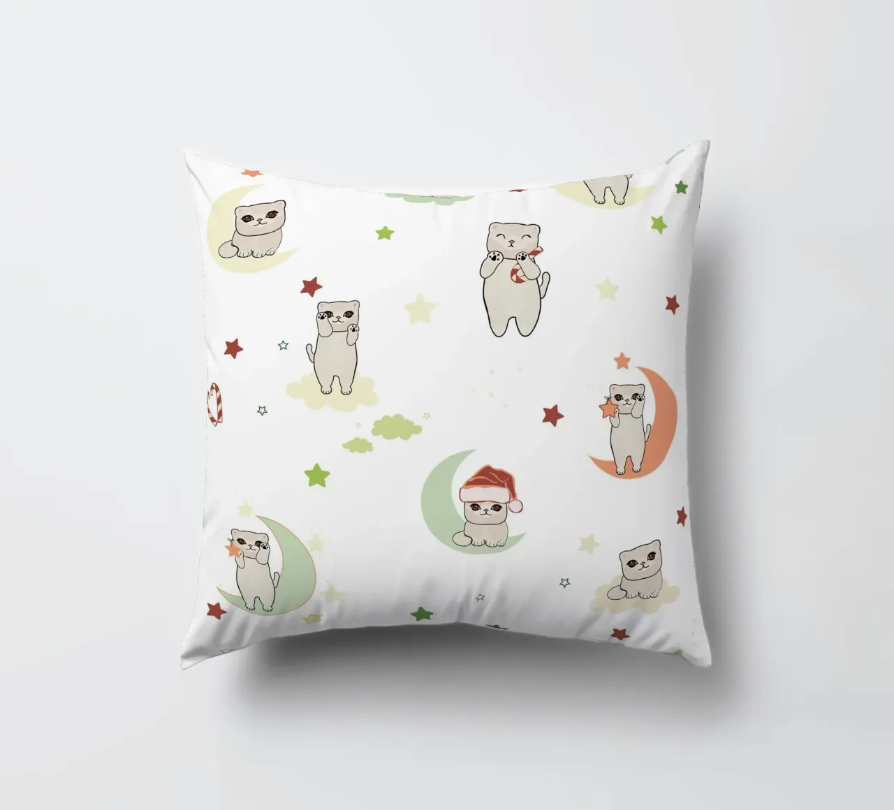 Moon and cats pattern white decorative cushion by gulsengunel