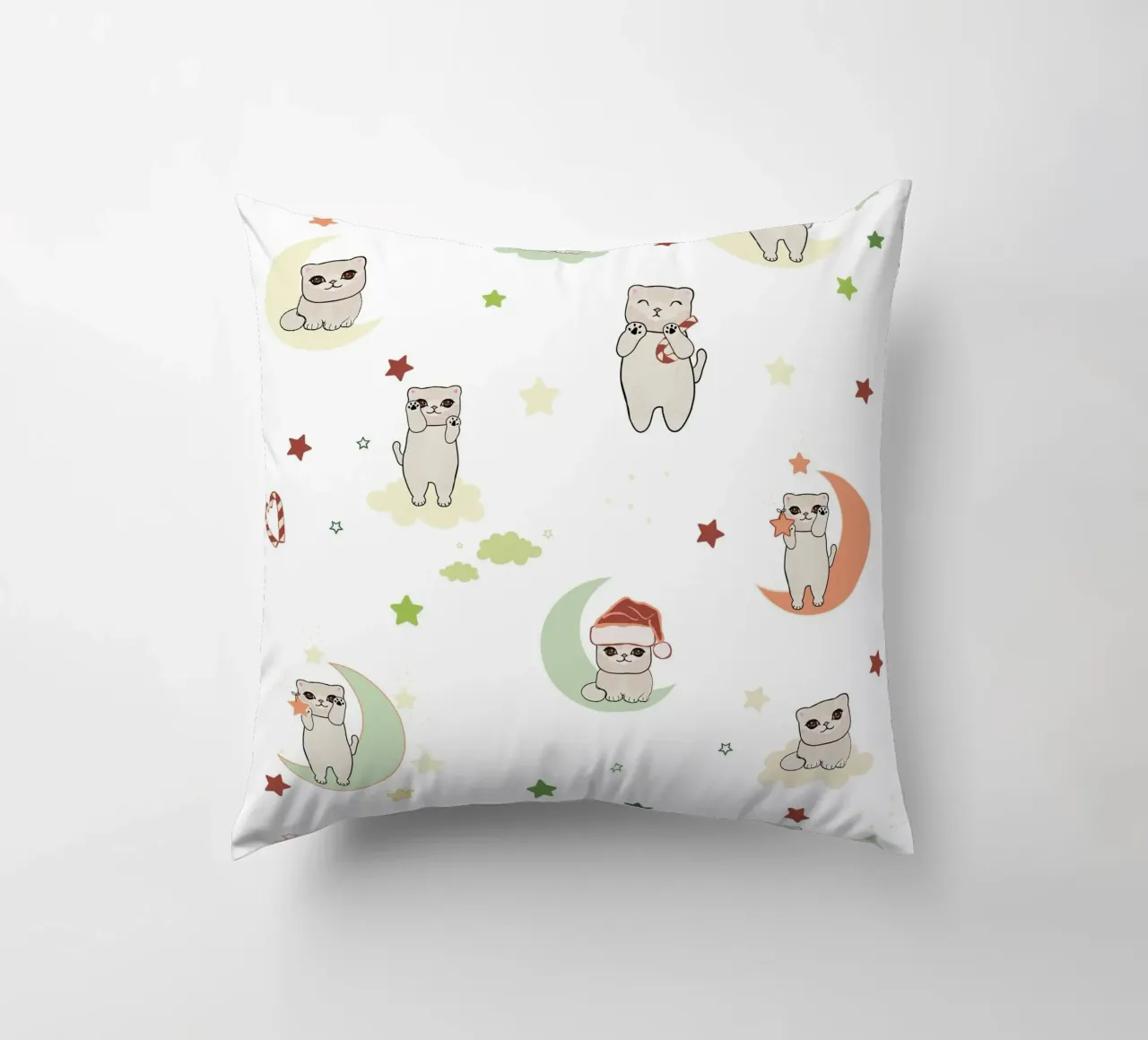 Moon and cats pattern white decorative cushion by gulsengunel