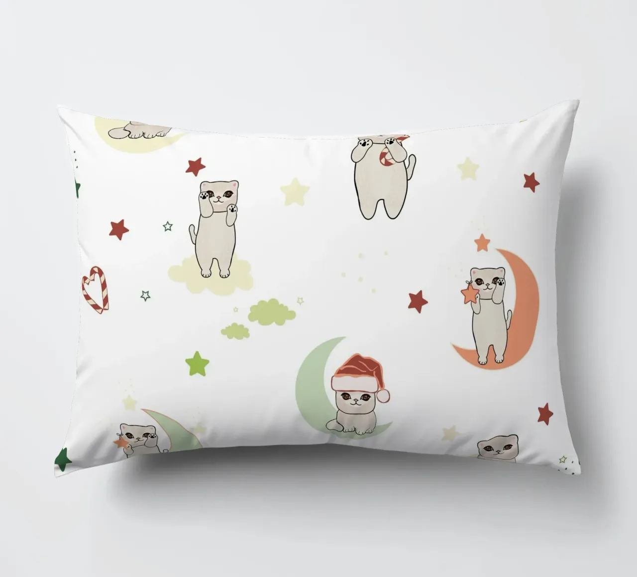 Moon and cats pattern white decorative cushion by gulsengunel