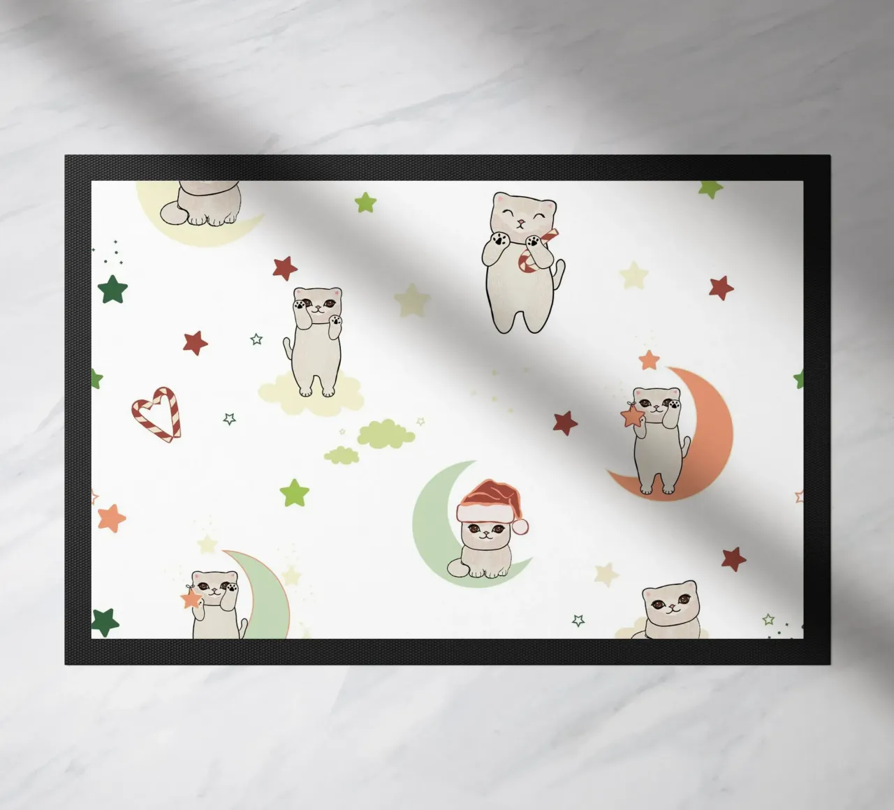 Moon and cats pattern white doormat by gulsengunel