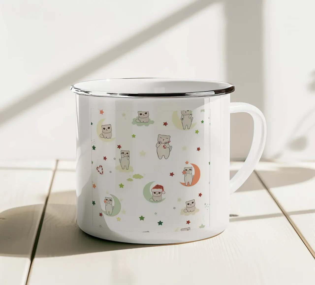 Motivo luna e gatti bianco tazza in smalto da gulsengunel