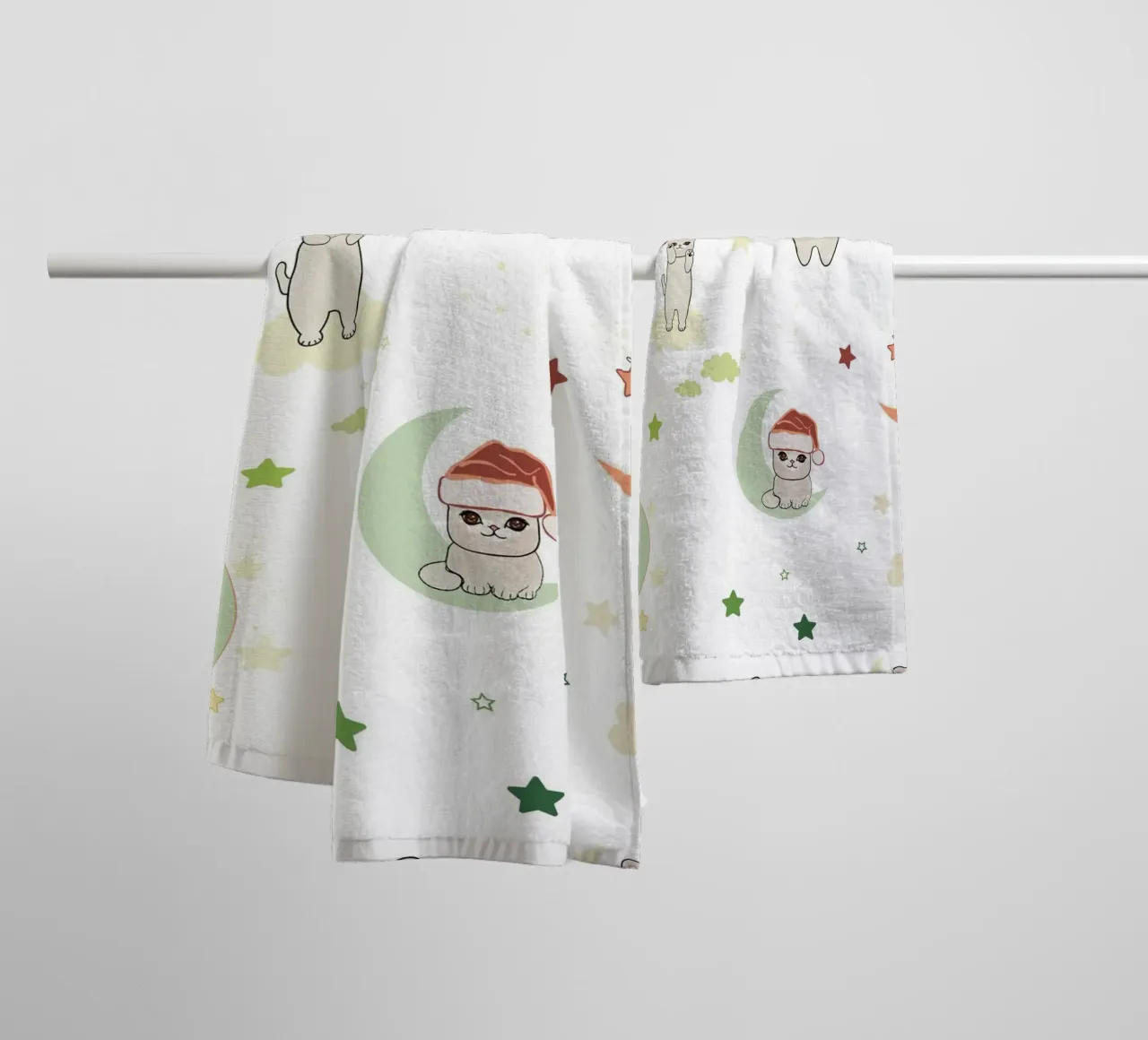 Moon and cats pattern white towel by gulsengunel