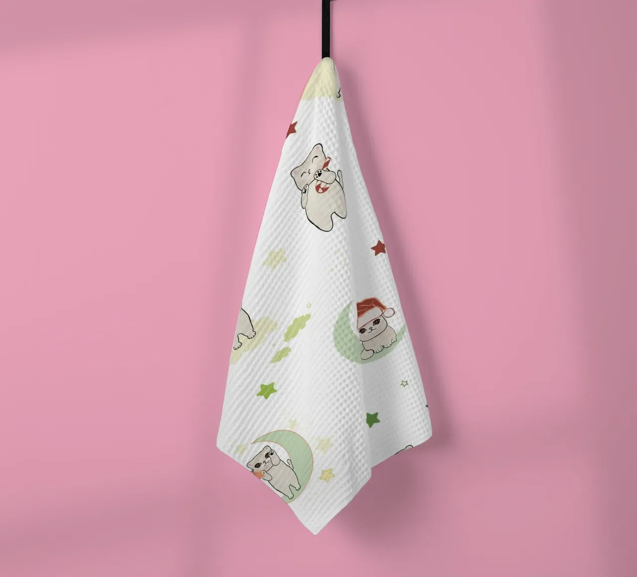 Motif lune et chats blanc torchon de gulsengunel