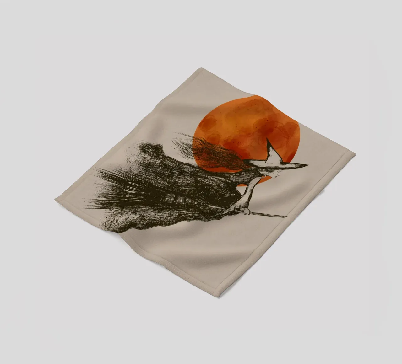 Strega volante con capelli lunghi davanti a una luna rossa coperta in pile da Lisa Jureczko Arts Illustration