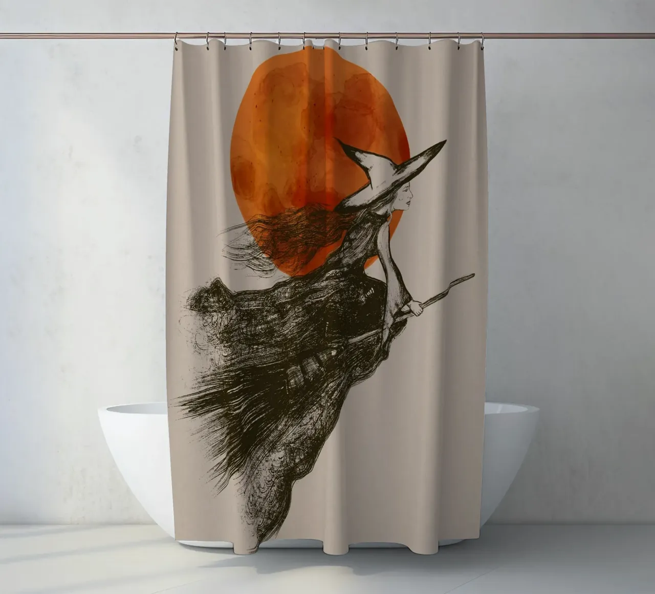 Flying witch with long hair in front of a red moon shower curtain by Lisa Jureczko Arts Illustration