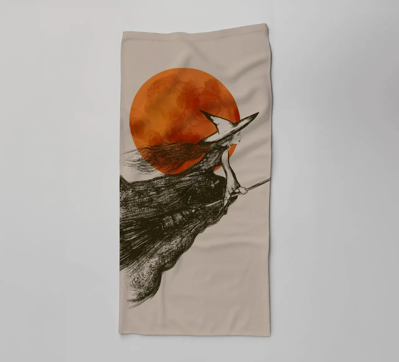 Flying witch with long hair in front of a red moon towel by Lisa Jureczko Arts Illustration