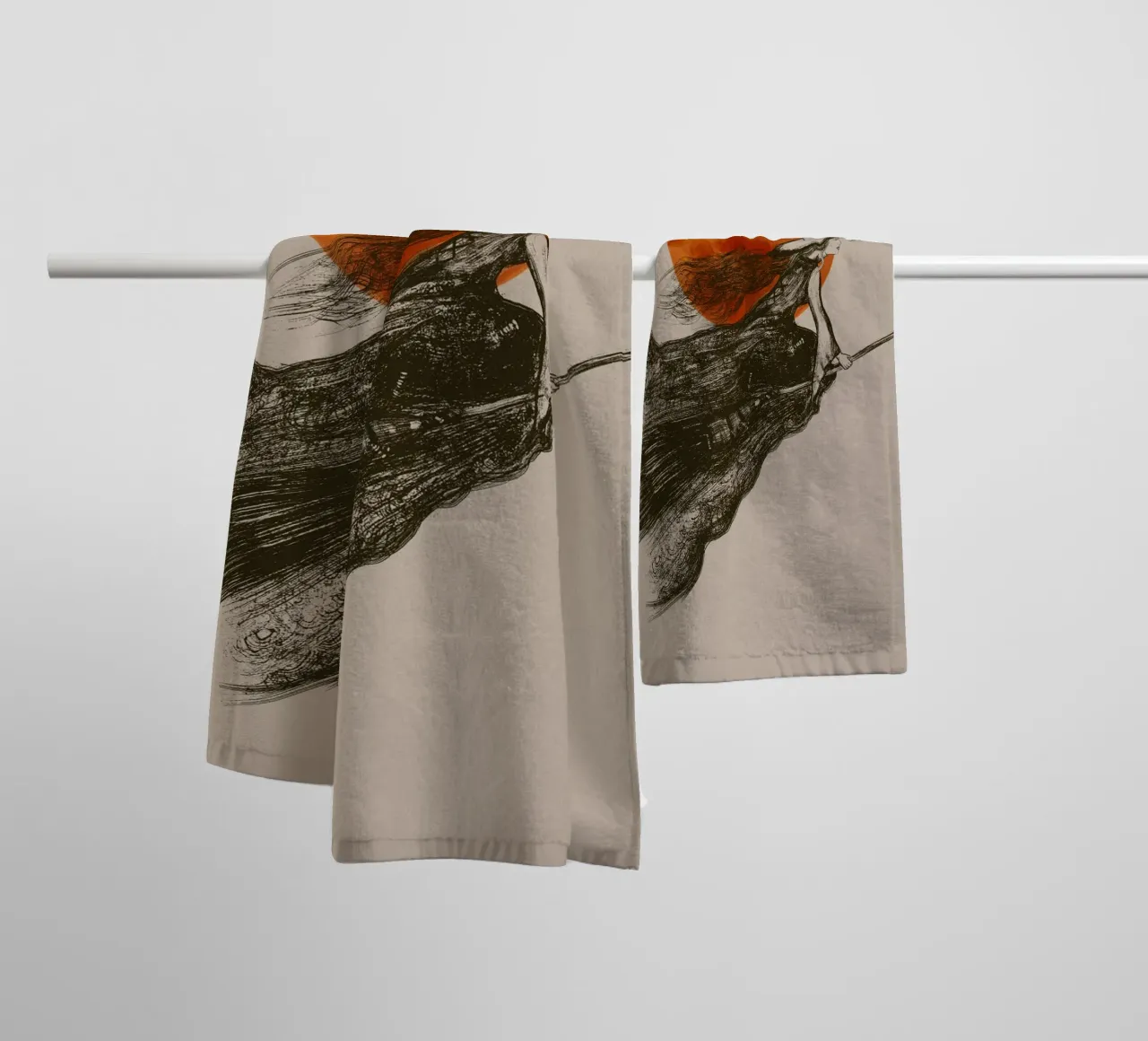 Flying witch with long hair in front of a red moon towel by Lisa Jureczko Arts Illustration