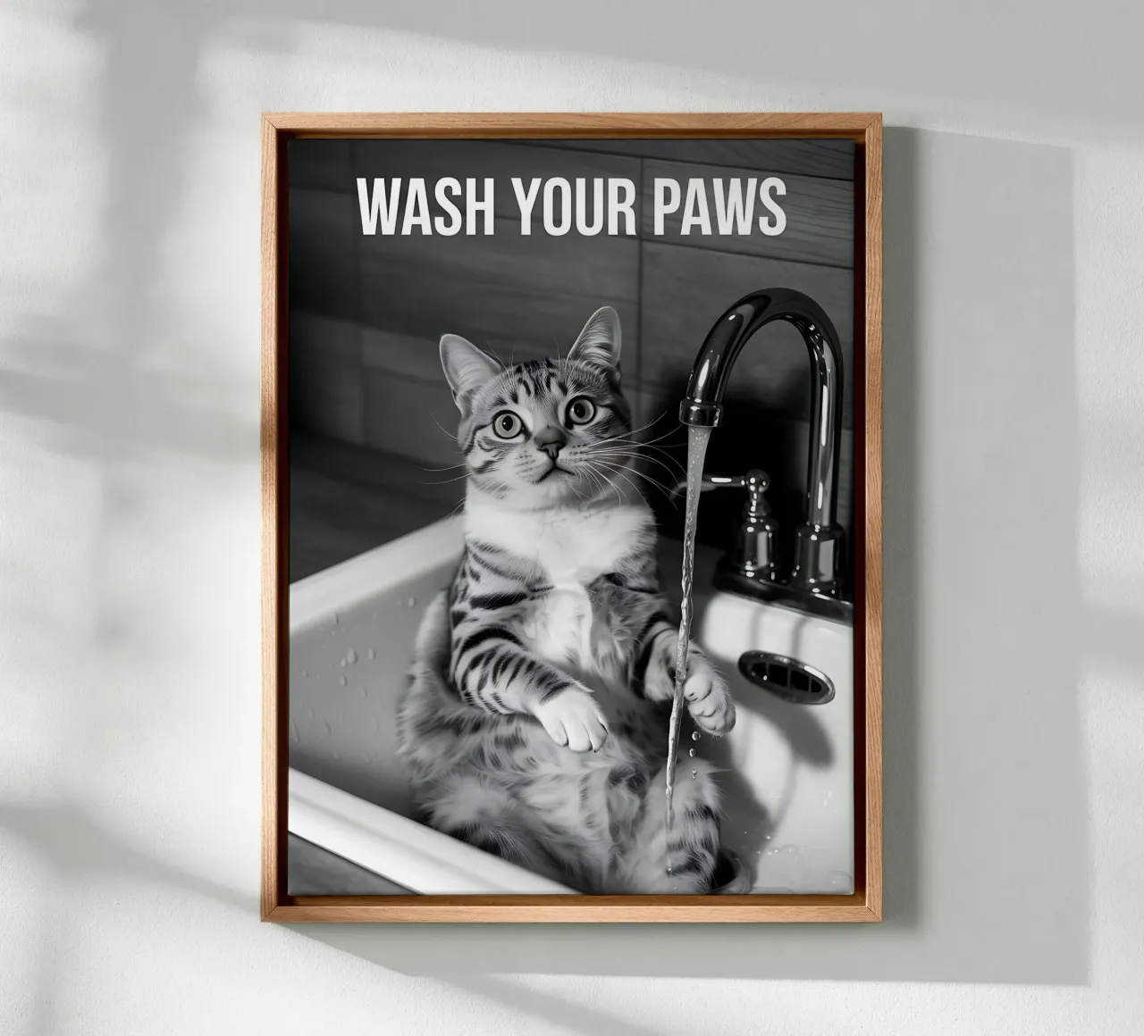 Cute cat in the sink - Wash Your Paws canvas with Floater frame by Plain Thoughts