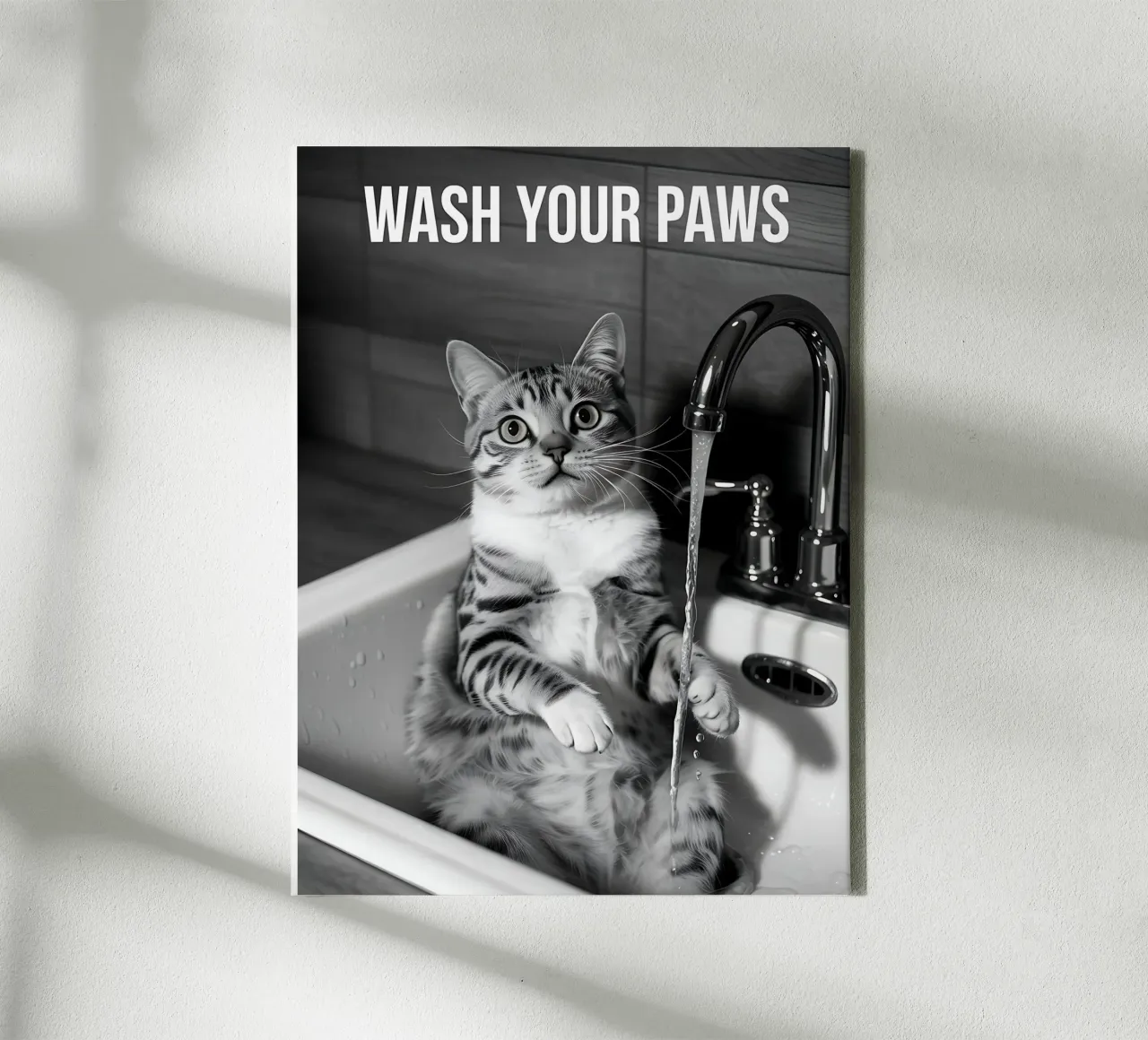 Cute cat in the sink - Wash Your Paws canvas with Floater frame by Plain Thoughts