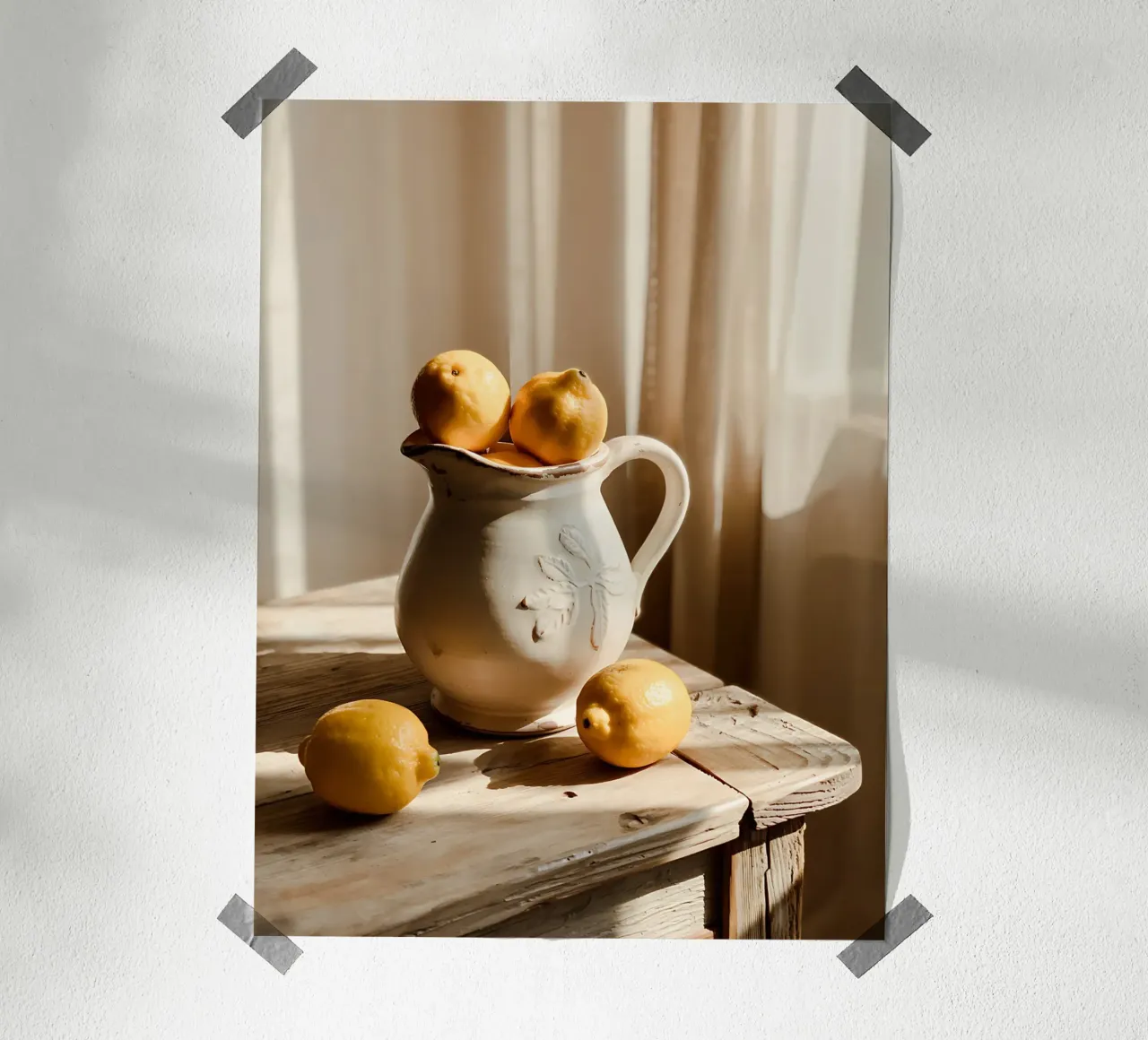 Limoni dorati in una brocca di ceramica vintage poster con telaio in legno da Casa Limon