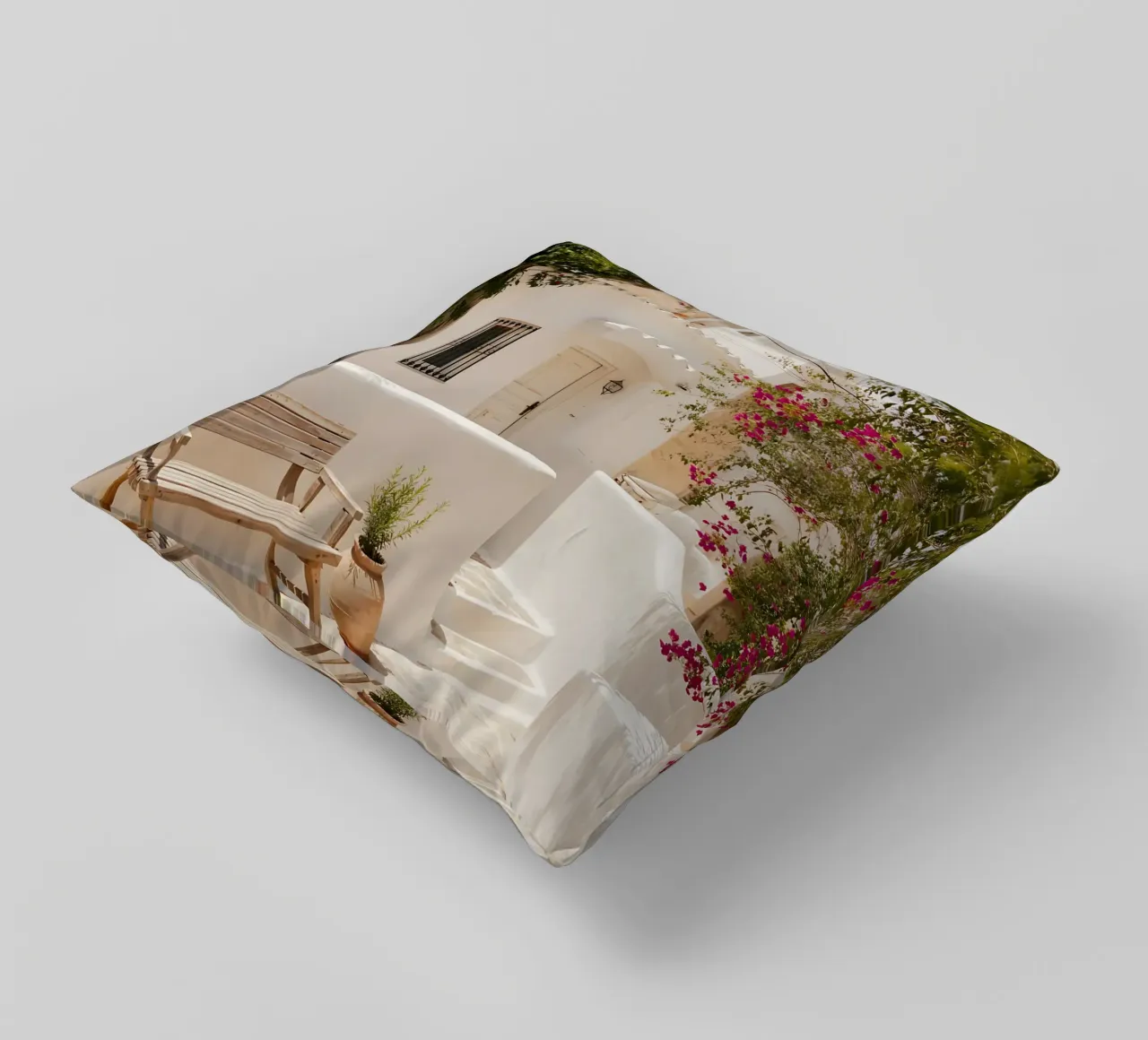 Wit huis en zonnige bougainvillea in Griekenland kussen van Casa Limon