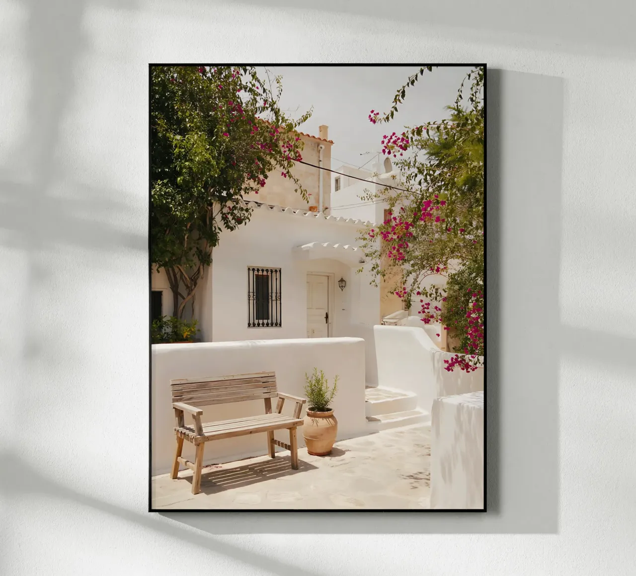 White house and sunny bougainvillea in Greece acrylic glass by Casa Limon