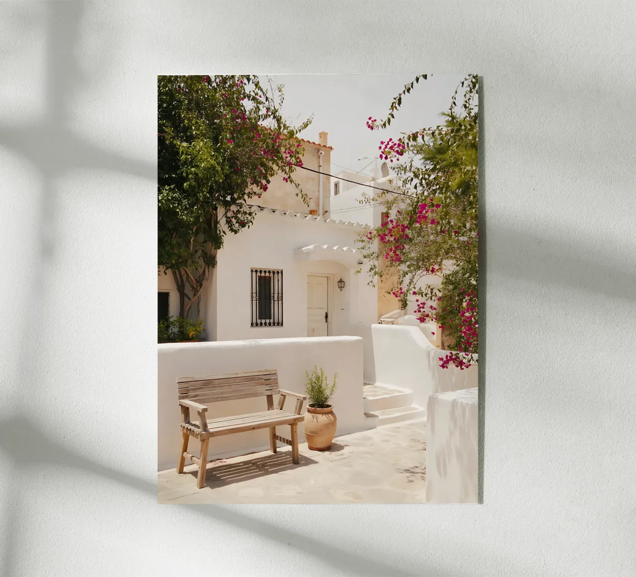 White house and sunny bougainvillea in Greece acrylic glass by Casa Limon