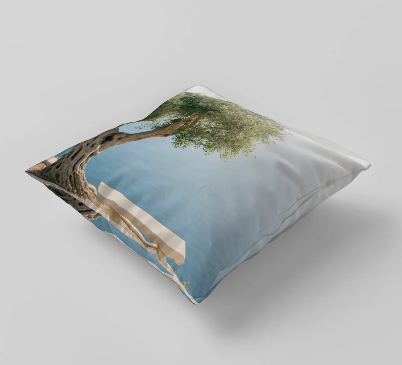 Mediterranean view under an olive tree decorative cushion by Casa Limon