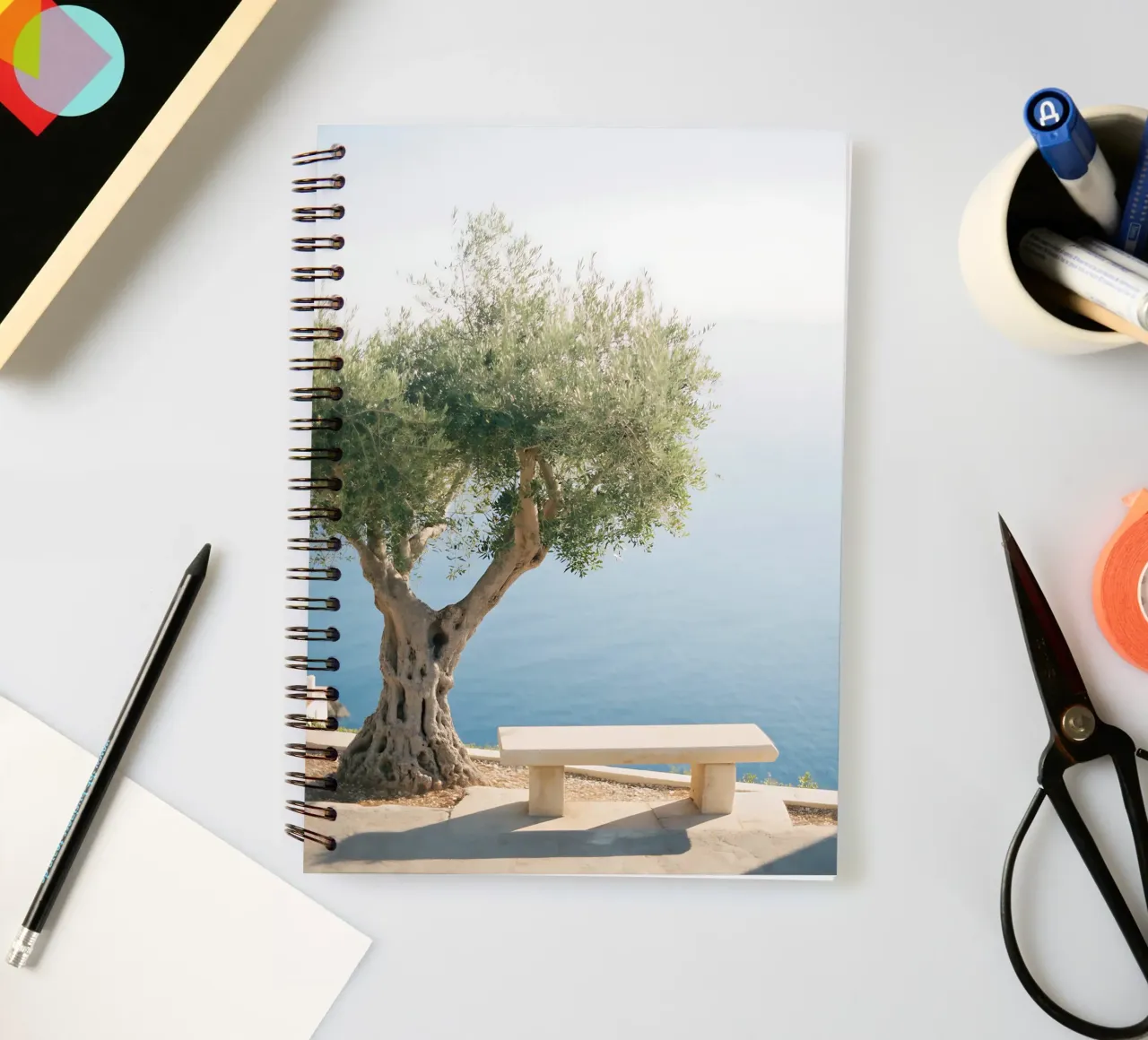Mediterranean view under an olive tree spiral notebook by Casa Limon