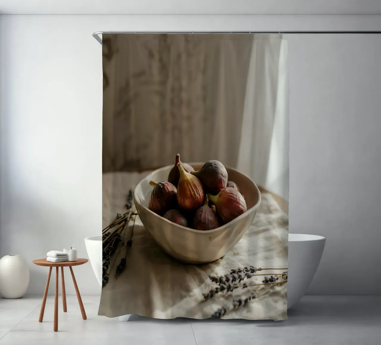 Fresh figs and lavender on natural linen shower curtain by Casa Limon