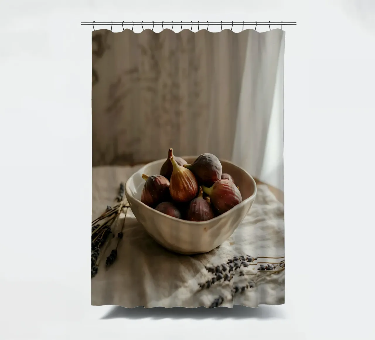 Fresh figs and lavender on natural linen shower curtain by Casa Limon