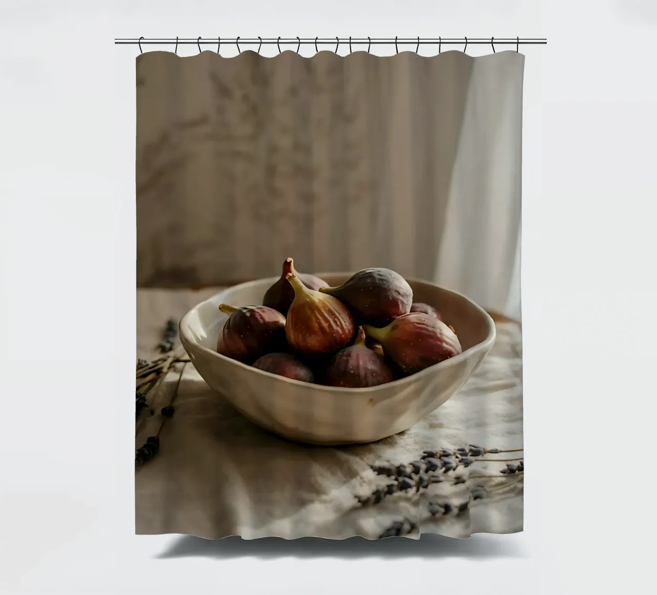 Fresh figs and lavender on natural linen shower curtain by Casa Limon