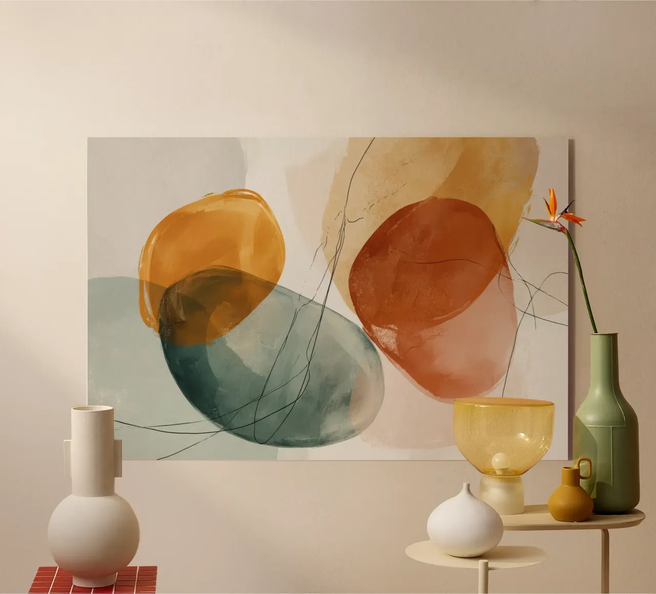Forme rosse dorate con linee di inchiostro plexiglass da Artbyvo