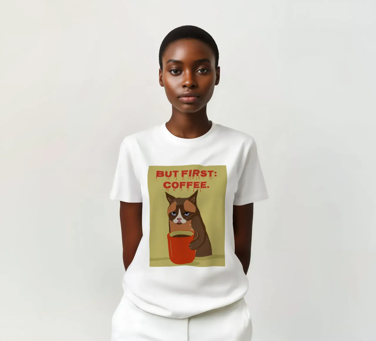 Ma prima il caffè - Tazza da caffè con gatto grande t-shirt da Lisa Jureczko Arts Illustration