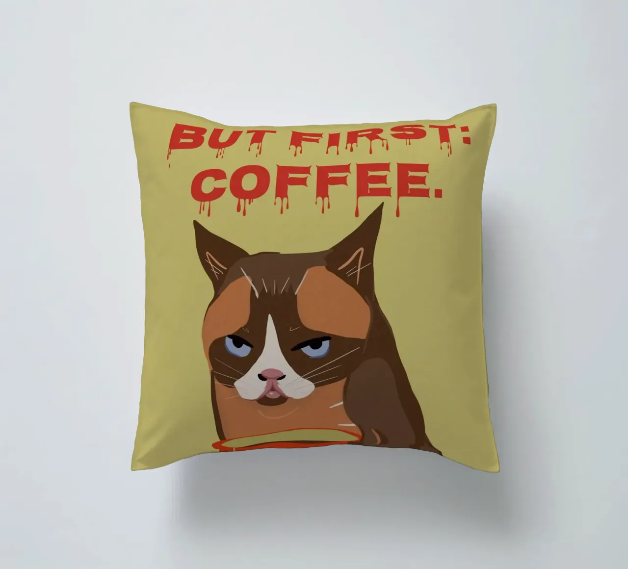 Ma prima il caffè - Tazza da caffè con gatto grande cuscino da Lisa Jureczko Arts Illustration
