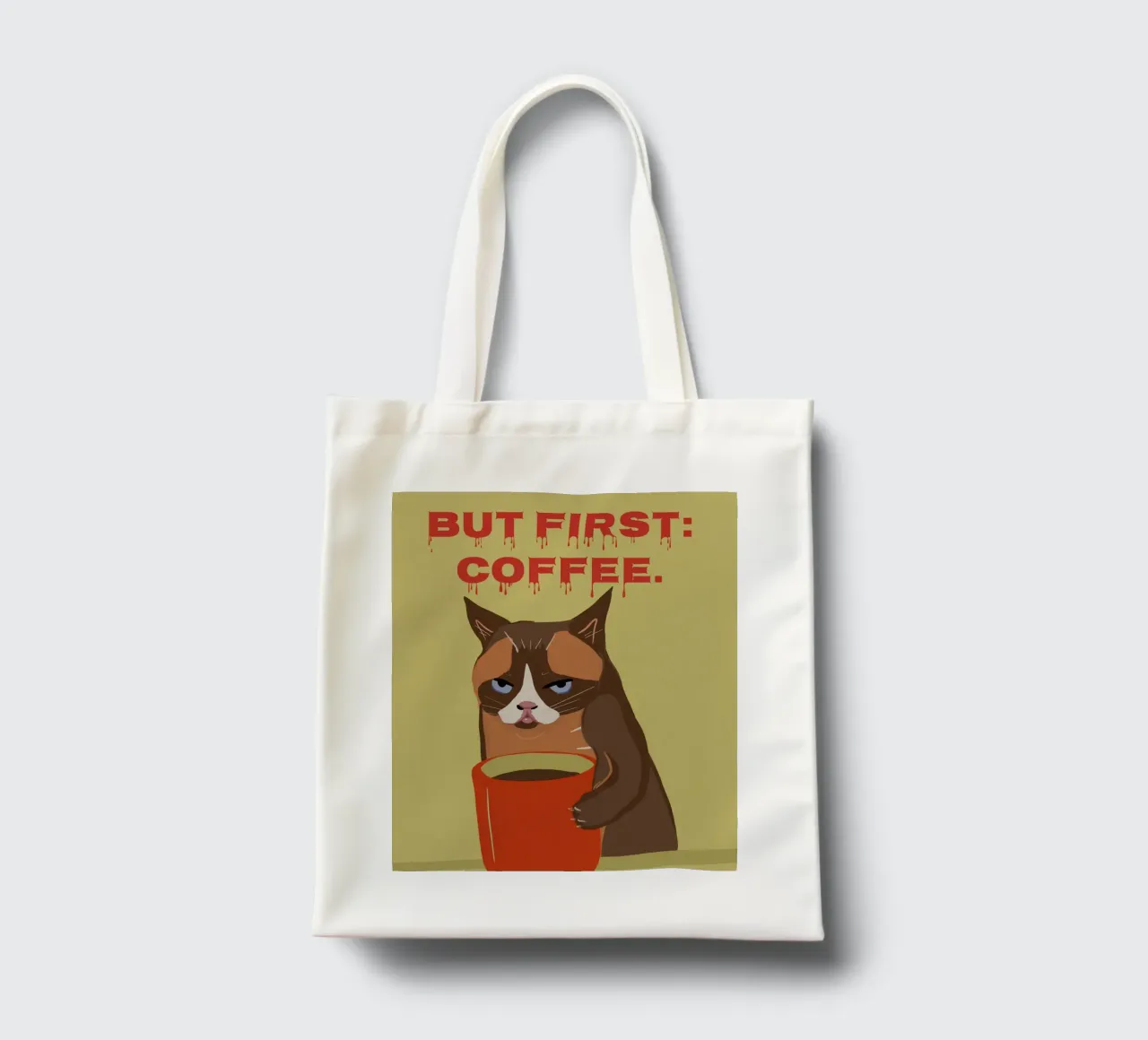 Ma prima il caffè - Tazza da caffè con gatto grande borsa in juta da Lisa Jureczko Arts Illustration