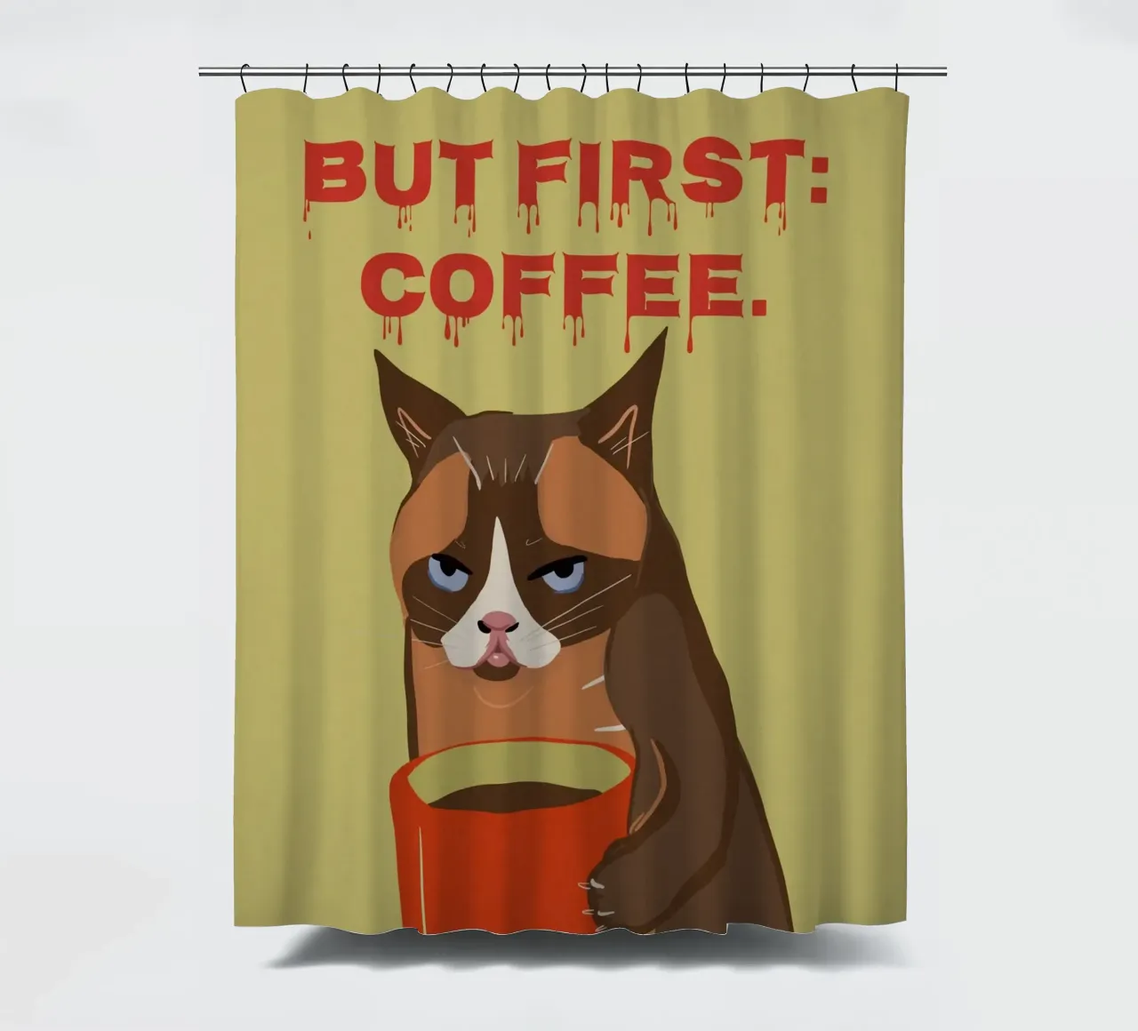 Ma prima il caffè - Tazza da caffè con gatto grande tenda da doccia da Lisa Jureczko Arts Illustration