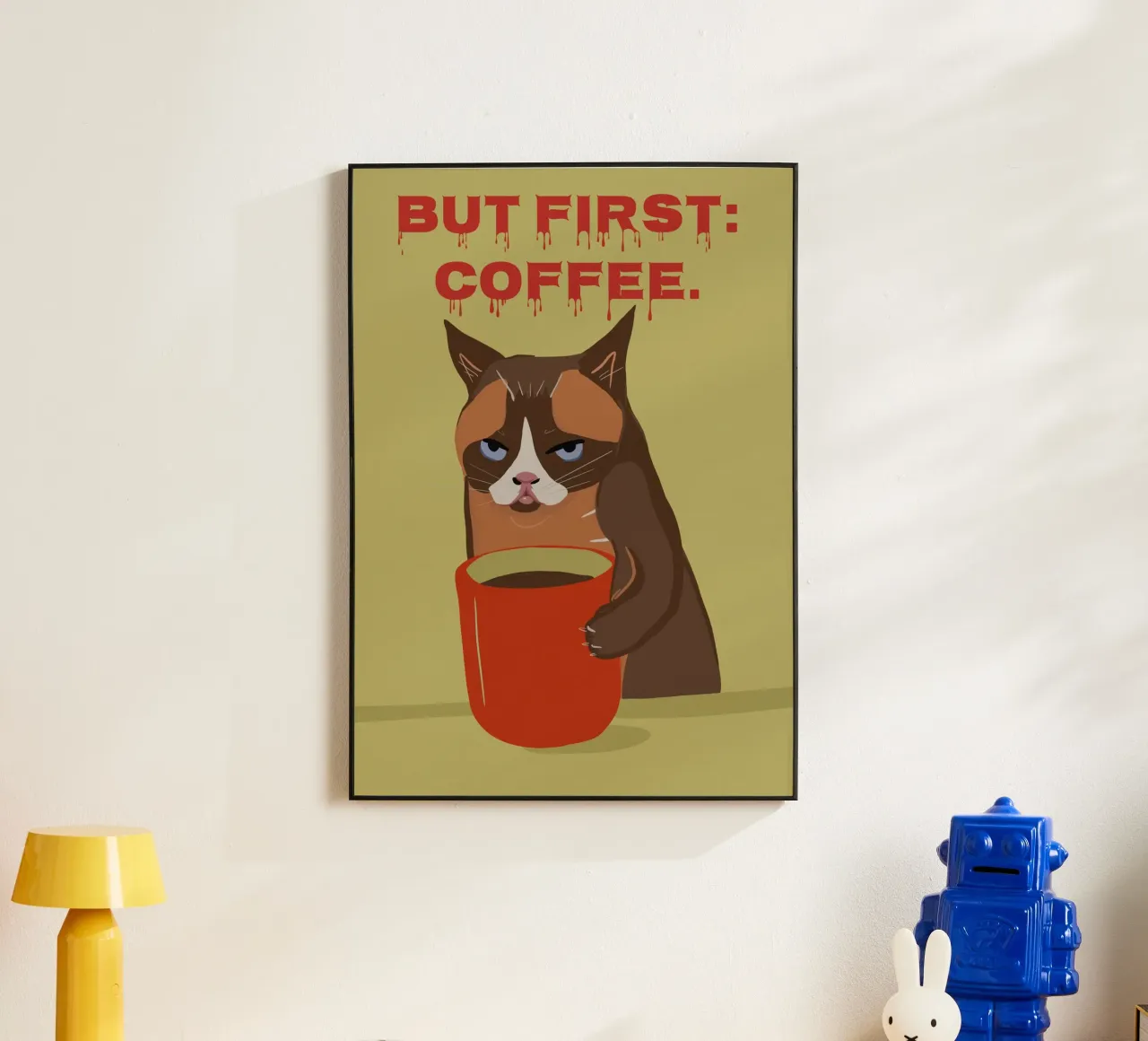 Ma prima il caffè - Tazza da caffè con gatto grande alluminio dibond da Lisa Jureczko Arts Illustration