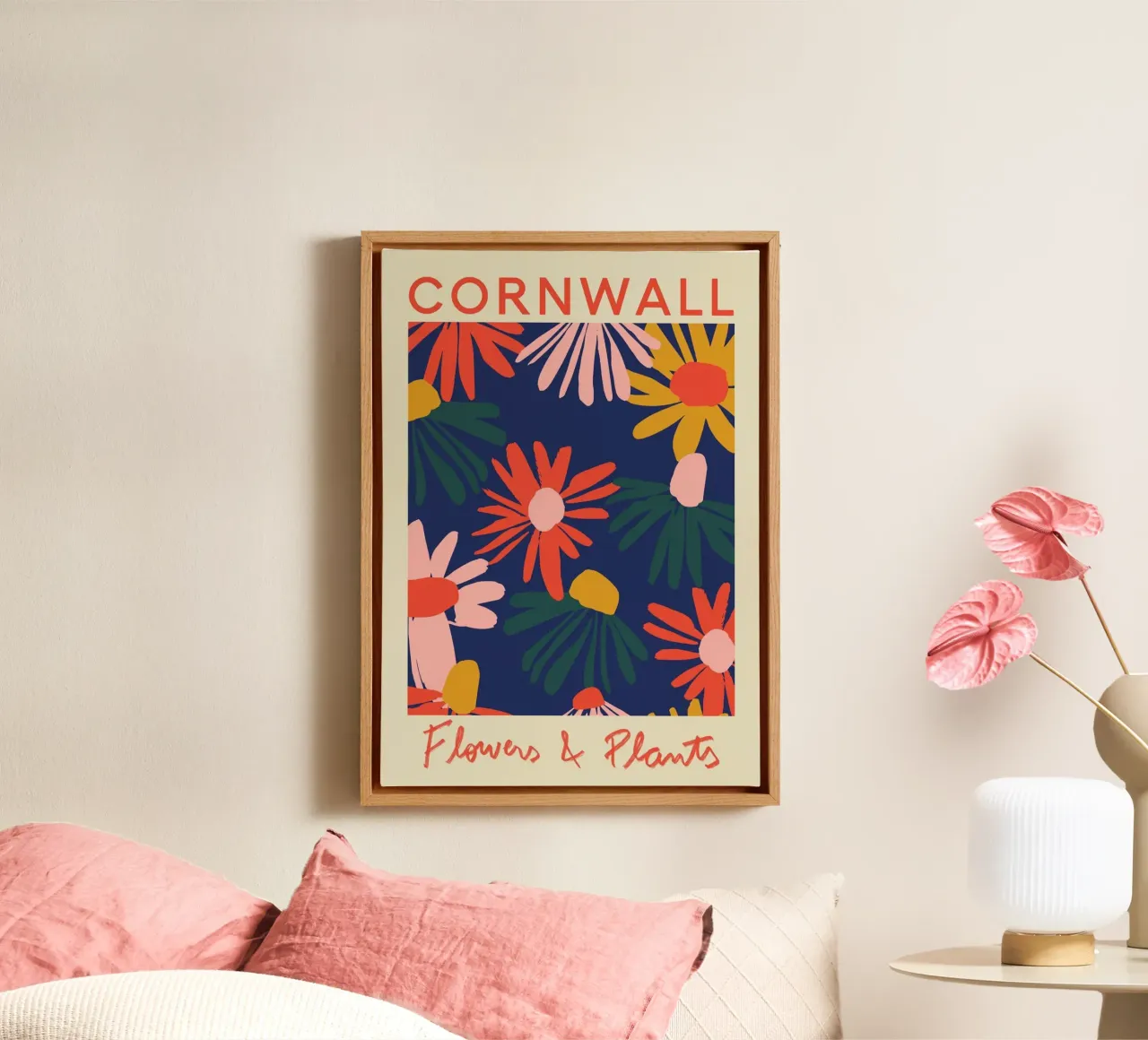 Bloemen & planten uit Cornwall - Levendige abstracte bloemenprint canvas met Baklijst van homdeco